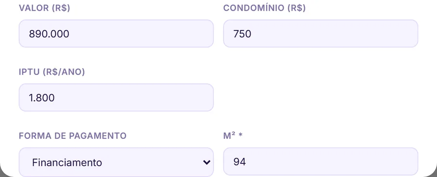 Campos de valor, condomínio, IPTU e metragem preenchidos automaticamente
