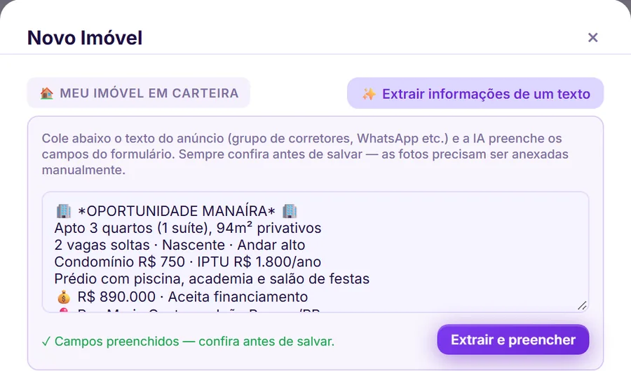 Texto de anúncio de WhatsApp colado no campo de extração